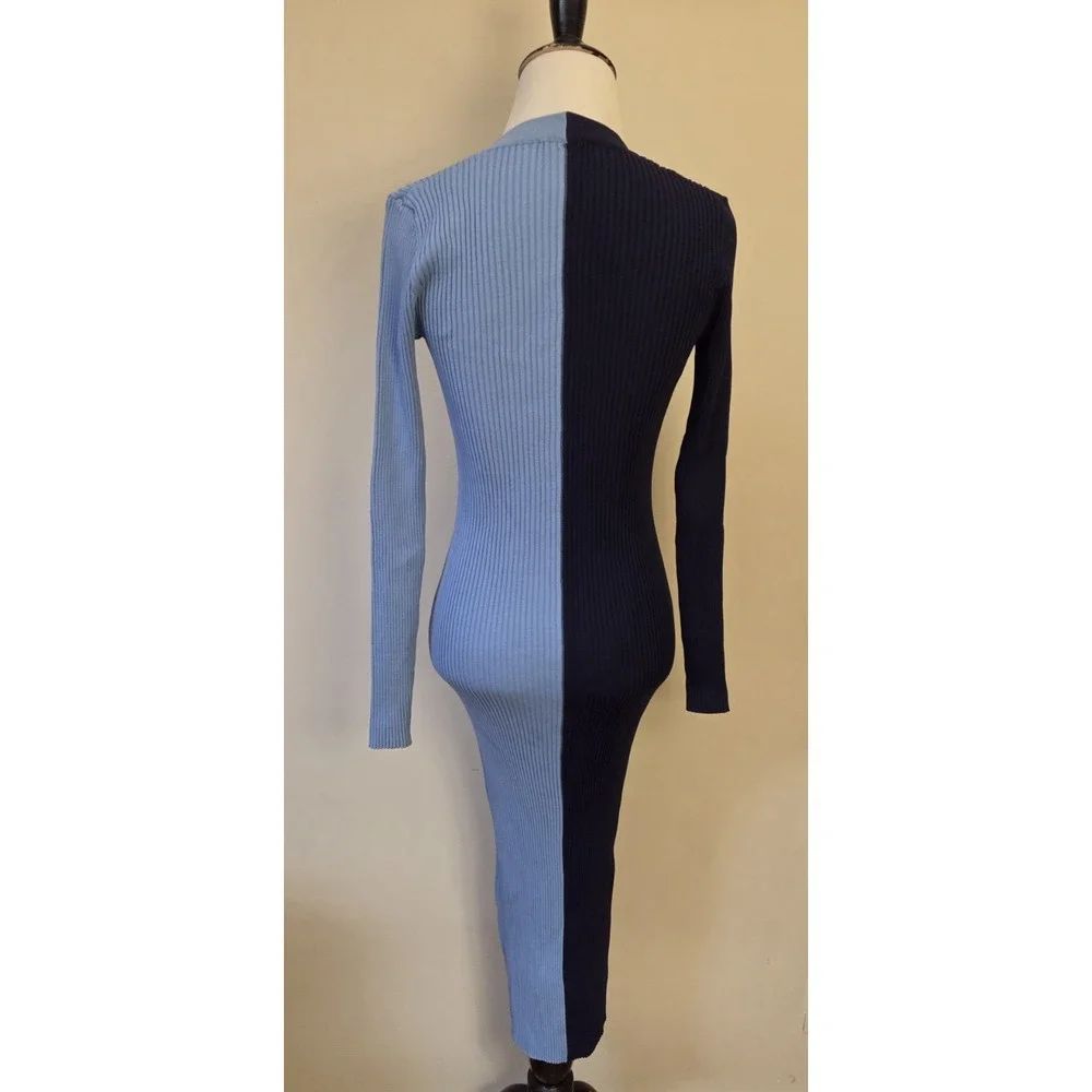 STAUD Shoko Navy Lt Blue Colorblock Ribbed Knit Buttondown Midi Sweater Dress S - Picture 6 of 12